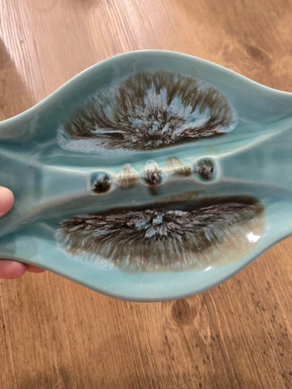 Vintage Mid Century Modern Drip Glaze 9” Ceramic Double Ashtray ATOMIC USA - Picture 3 of 4